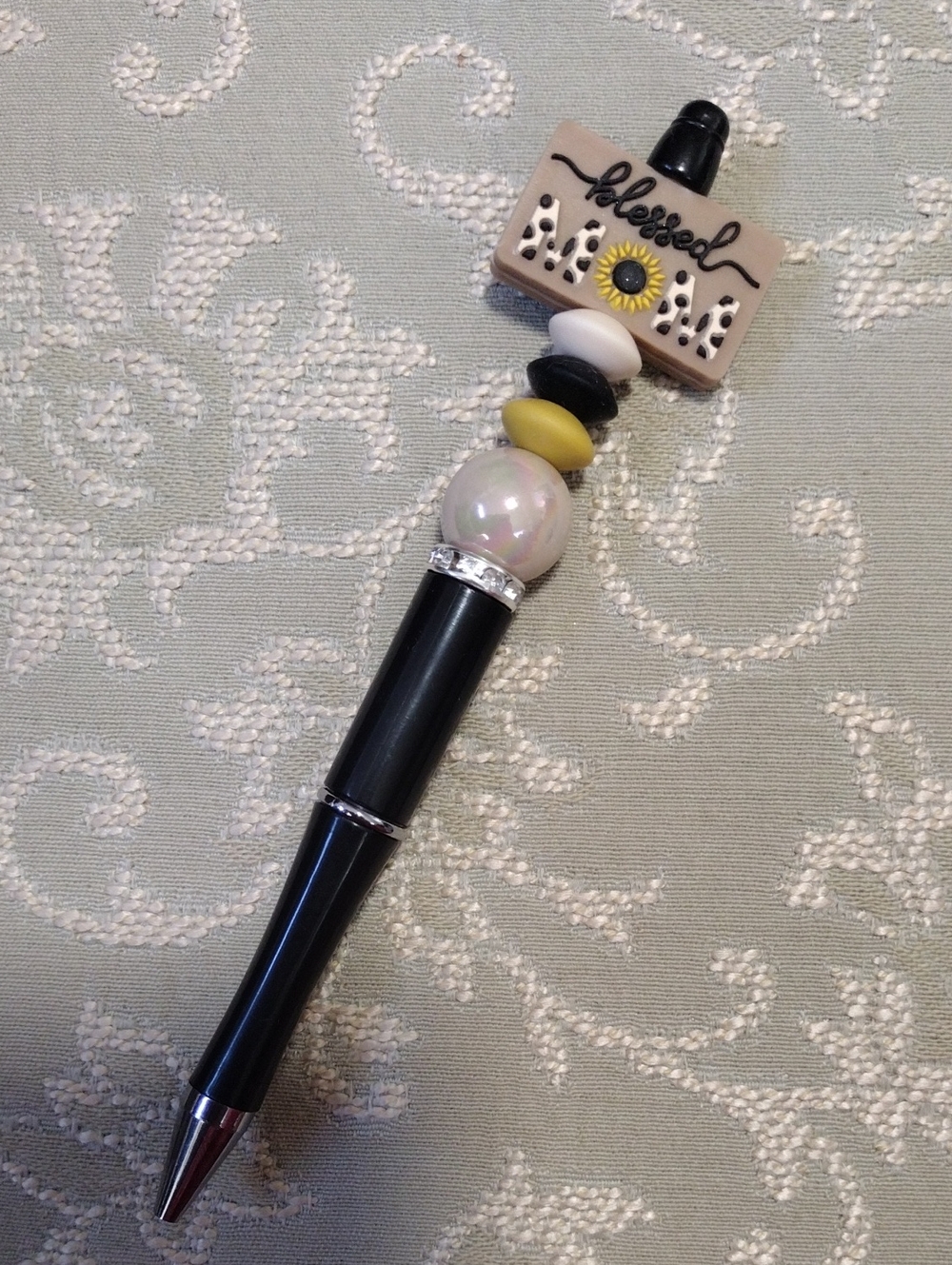 Decorative Black Ballpoint Pen with 'Blessed' Charm - Multi-Color Accent